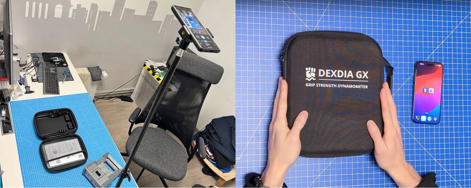 Camera setup for filming product guide on left and screenshot from the getting started with DEXDIA GX video on the right