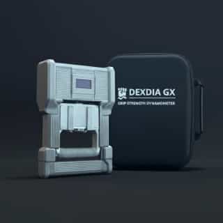 Grip Strength Dynamometer DEXDIA GX alongside its travel / storage case that comes with it.
