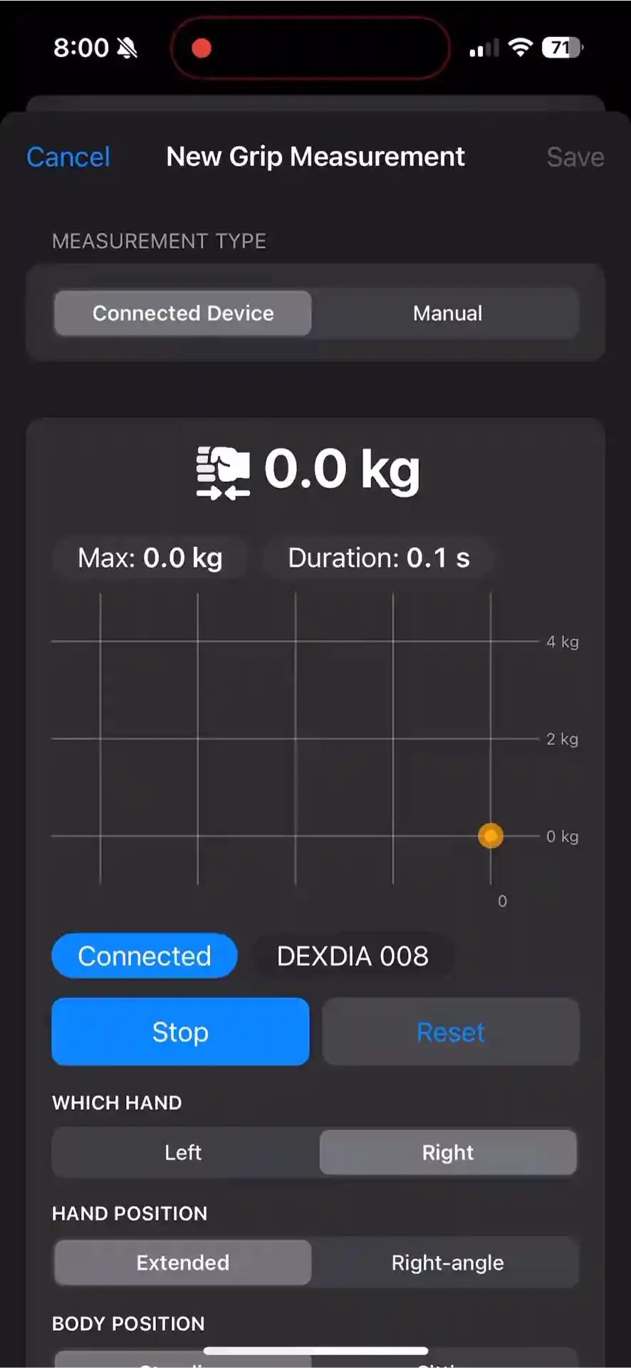 iPhone 15 Pro with GripMeter app showing recording of grip strength measurement